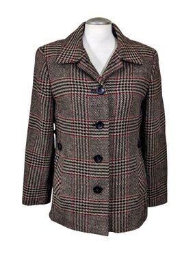 Talbots Vintage Blazer Jacket Womens Size 10 Black Red Tan Plaid Tweed Academia